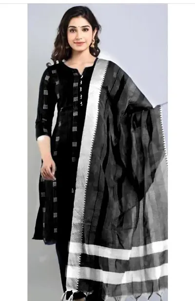 Black Cotton Trendy Womens Kurti With Bottomwear And Dupatta