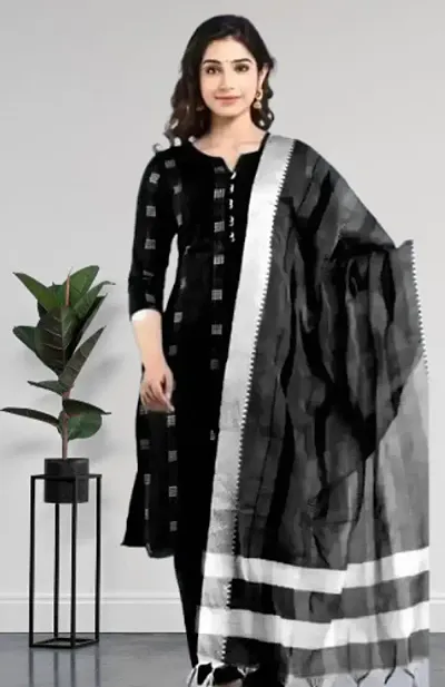 Black Cotton Trendy Womens Kurti With Bottomwear And Dupatta