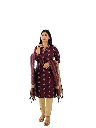 Stylish Khadi Cotton A-Line Kurta With Bottom And Dupatta Set