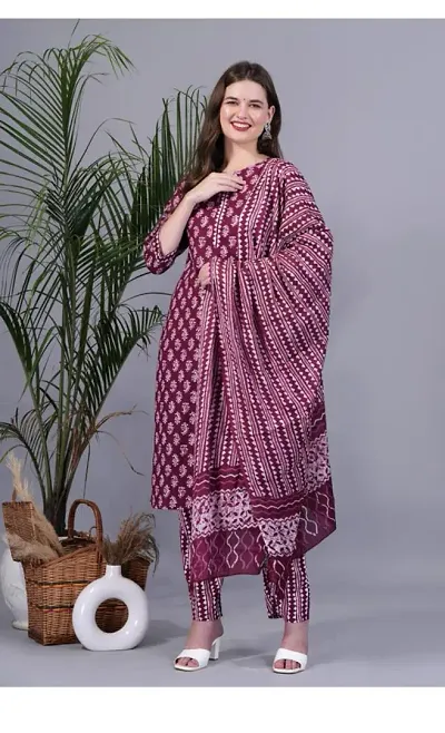 Stylish Cotton Silk Kurta With Pant And Dupatta For Women
