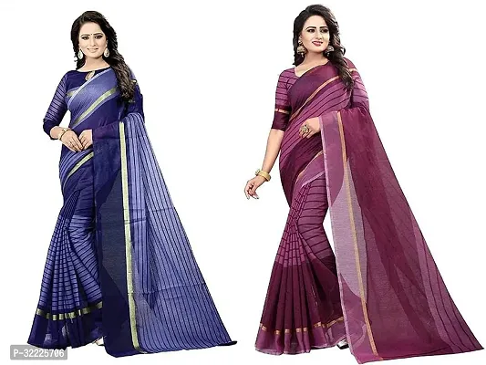 Beautiful Polycotton Striped Women Saree without Blouse piece-Pack Of 2-thumb0