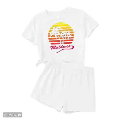 Stylish White Cotton Printed T-Shirts with Shorts For Kids-thumb0