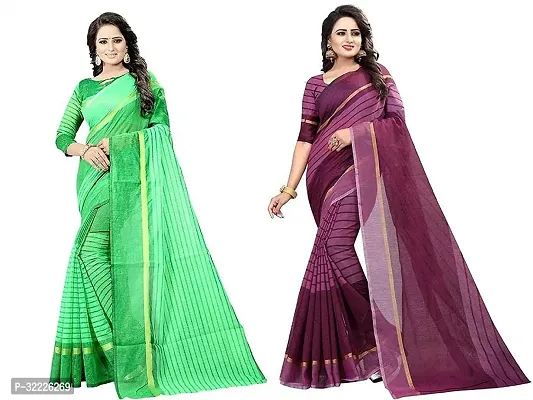 Beautiful Polycotton Striped Women Saree without Blouse piece-Pack Of 2