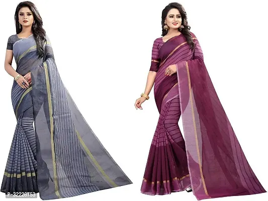 Beautiful Polycotton Striped Women Saree without Blouse piece-Pack Of 2