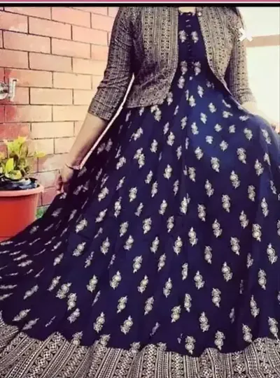 Elegant Rayon Printed Anarkali Kurti With Jacket Set