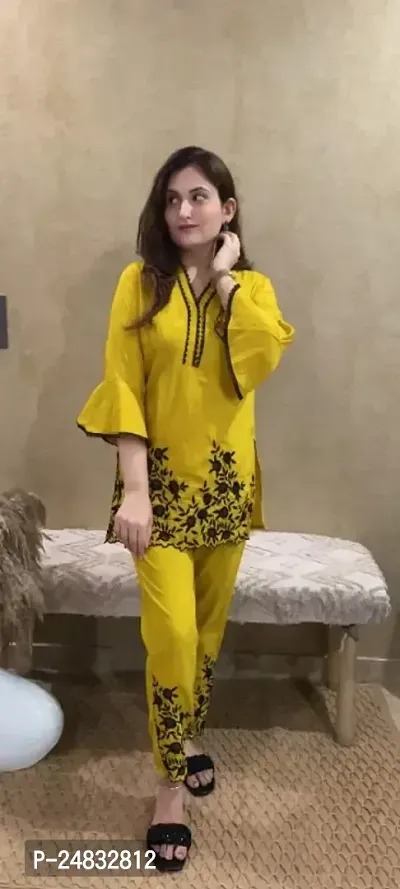 Fancy Rayon Kurta Bottom Set Yellow Embroidered For Women-thumb0