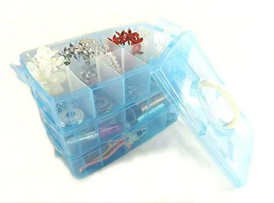 Stackable 3 Tier Blue Plastic Craft Storage Box with 30 Adjustable  Compartments