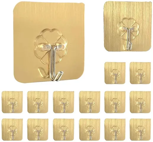 Cpixen 20 pcs Golden Plastic Wall Hooks Heavy Duty Hooks for Hanging Adhesive Wall Sticky Utility Hook Transparent Reusable Waterproof Hangers for Bathroom, Kitchen, Bedroom
