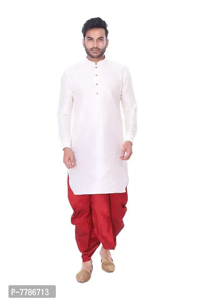 Pehanaava Men's Ready to Wear Cotton Traditional Straight Kurta and Dhoti Set - White & Maroon