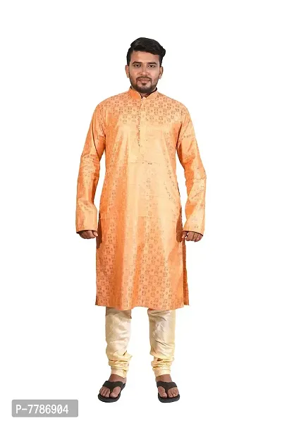 Pehanaava Men's Ready to Wear Cotton Silk Traditional Straight Kurta & Pyjama set - Pink & Gold