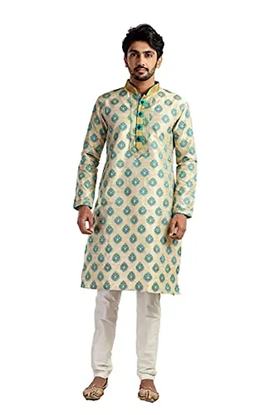 Pehanaava Men's Self-Design Cotton Silk Kurta Pyjama Set