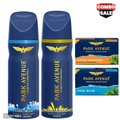 Set of Cool Blue  Good Morning Deodorant Body Spray (150ml X 2)  Soaps (125gm X 2) | for Mens (combo)