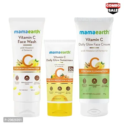 Mamaearth Vit-C Facewash (100ml) | Vit-C Daily Glow Sunscreen (50g) | Vit-C Daily Glow Face Cream (80g) | For Men  Women (TRIO COMBO)