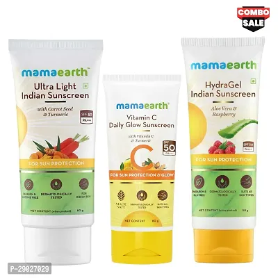 Mamaearth Ultra Light Indian Sunscreen (80g) | Vit-C Daily Glow Sunscreen (50g) | Hydragel Indian Sunscreen (50g) | For Men  Women ( TRIO COMBO)-thumb0