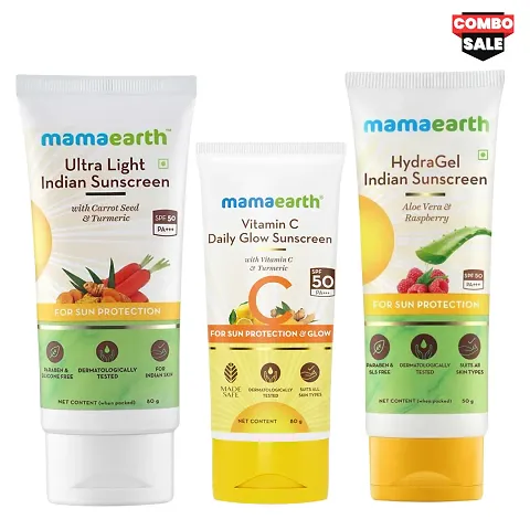 Mamaearth Ultra Light Indian Sunscreen (80g) | Vit-C Daily Glow Sunscreen (50g) | Hydragel Indian Sunscreen (50g) | For Men  Women ( TRIO COMBO)