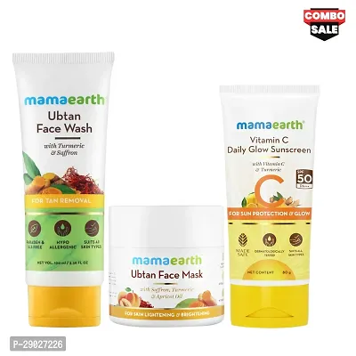 Mamaearth Ubtan Facewash For Tan Removal (100ml) | Ubtan Facemask (100gm) | Vit-C Daily Glow Sunscreen (50gm) | For Men  Women (TRIO COMBO)