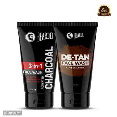 Beardo 3 in 1 Activated Charcoal Facewash (100ml) | Beardo Coffee Detox De-Tan Facewash (100ml) | Foe Oil  Tan Control | For Mens (COMBO)