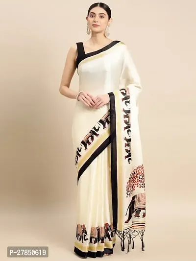 Designer Cream Chanderi Silk Saree With Blouse Piece For Women