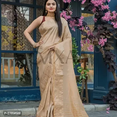 Designer Beige Chanderi Silk Saree With Blouse Piece For Women