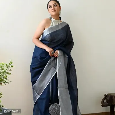 Designer Navy Blue Chanderi Silk Saree With Blouse Piece For Women