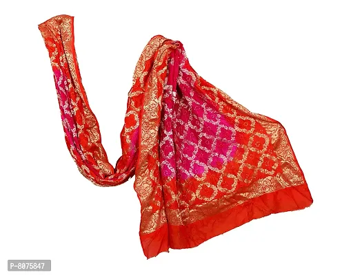 Women's Weaving Bandhani Banarasi Silk Dupatta with Zari Work (Red, Pink)