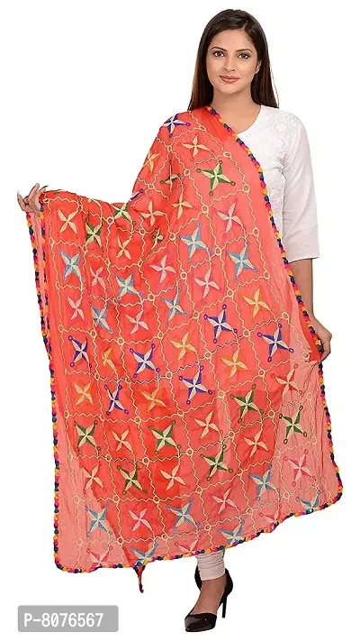 Apratim Chiffon Women/Girls Phulkari Dupatta Red Color Size 2.25 M