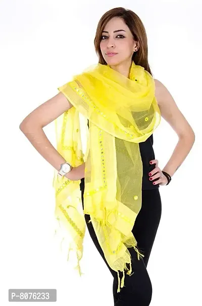 Women's Tissue Mirror Work Dupatta (Yellow, Free Size)