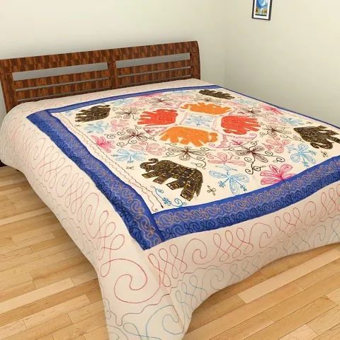 APRATIM Cotton Rajasthani Handmade Traditional Embroidered Double Bedsheet- 228.6 cm x 228.6 cm, Multicolour