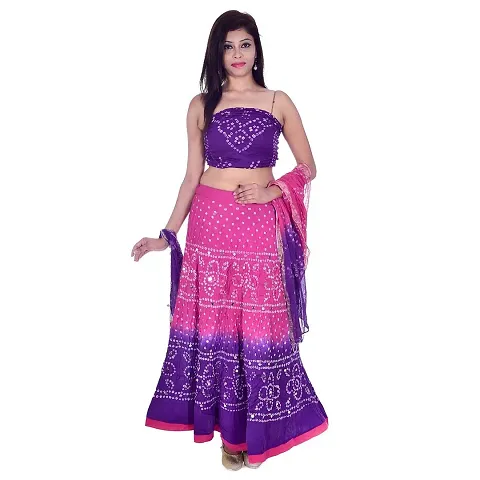 APRATIM Women's Cotton Blend Semi stitched Lehenga Choli (bandhani-lehenga-choli-001_Pink & Purple_Free Size)