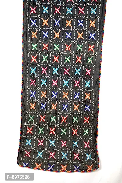 Apratim Chiffon Women/Girls Phulkari Dupatta Black Color Size 2.25 M (Black-01)-thumb2