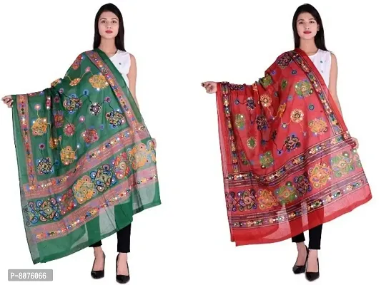 Traditional Design Cotton Long Women's Kutch Work Cotton Dupatta Embroidery Floral Stole Veil Stole Hijab Sarong Combo Pack-thumb0