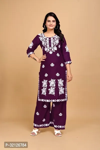 Stylish Purple Rayon Embroidered Kurta Bottom Set For Women-thumb0