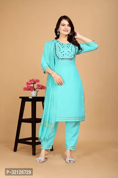 Stylish Blue Cotton Embroidered Kurta Bottom and Dupatta Set For Women-thumb0