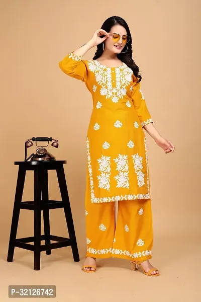 Stylish Yellow Rayon Embroidered Kurta Bottom Set For Women-thumb0