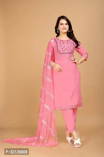 Stylish Pink Cotton Embroidered Kurta Bottom and Dupatta Set For Women-thumb0