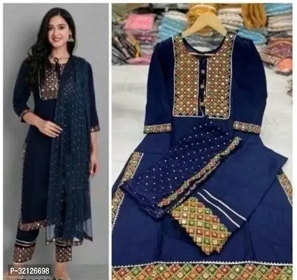 Stylish Navy Blue Rayon Embroidered Kurta Bottom and Dupatta Set For Women-thumb0