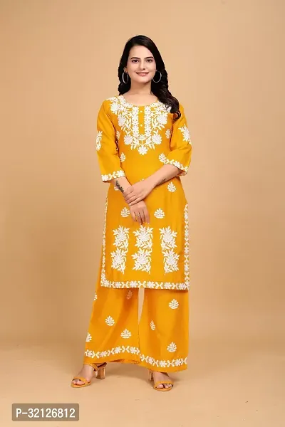 Stylish Yellow Rayon Embroidered Kurta Bottom Set For Women-thumb0