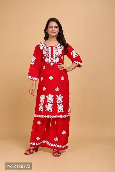 Stylish Red Rayon Embroidered Kurta Bottom Set For Women-thumb0