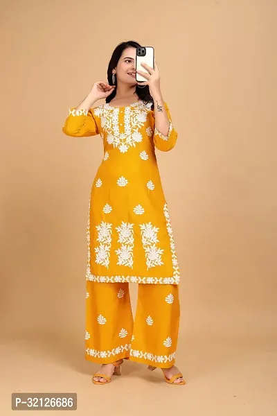 Stylish Yellow Rayon Embroidered Kurta Bottom Set For Women-thumb0