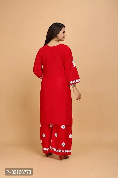 Stylish Red Rayon Embroidered Kurta Bottom Set For Women-thumb2