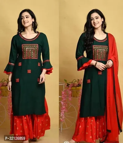 Stylish Green Rayon Embroidered Kurta Bottom and Dupatta Set For Women-thumb0