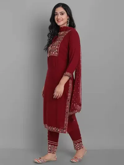 Stylish Rayon Embroidered Kurta Bottom Dupatta Set