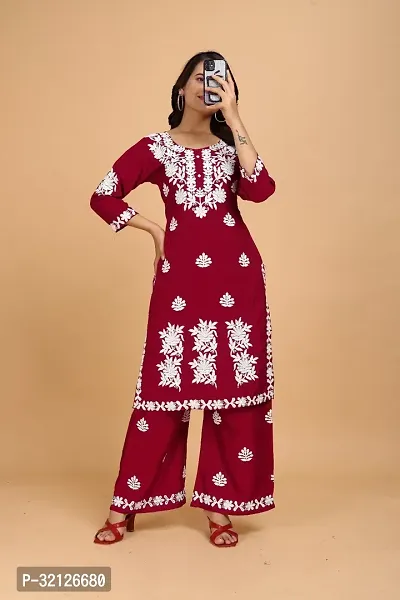 Stylish Maroon Rayon Embroidered Kurta Bottom Set For Women-thumb0