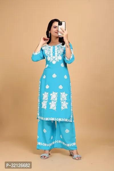 Stylish Blue Rayon Embroidered Kurta Bottom Set For Women-thumb0