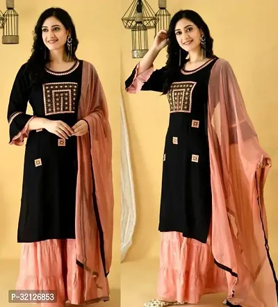 Stylish Black Rayon Embroidered Kurta Bottom and Dupatta Set For Women-thumb0