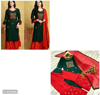 Stylish Green Rayon Embroidered Kurta Bottom and Dupatta Set For Women-thumb0