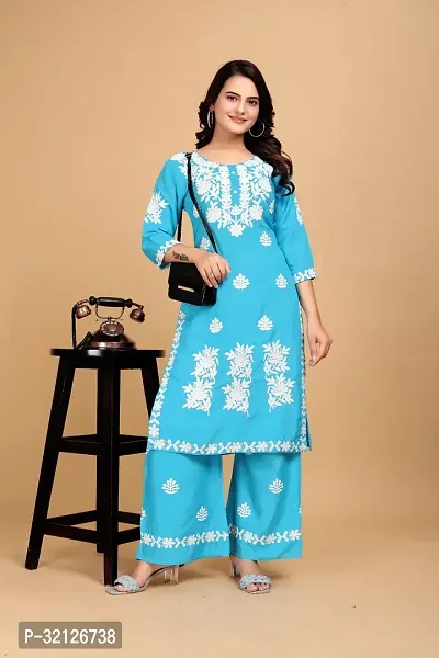 Stylish Blue Rayon Embroidered Kurta Bottom Set For Women-thumb0