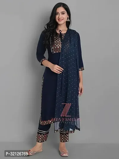 Stylish Navy Blue Rayon Embroidered Kurta Bottom and Dupatta Set For Women-thumb0