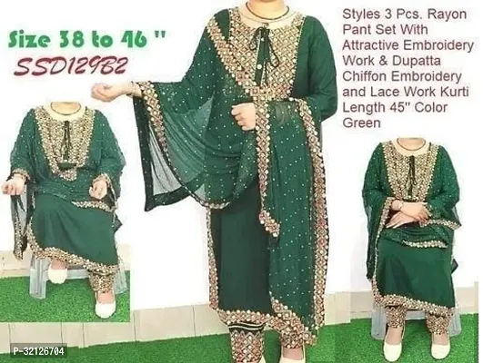 Stylish Green Rayon Embroidered Kurta Bottom and Dupatta Set For Women-thumb0