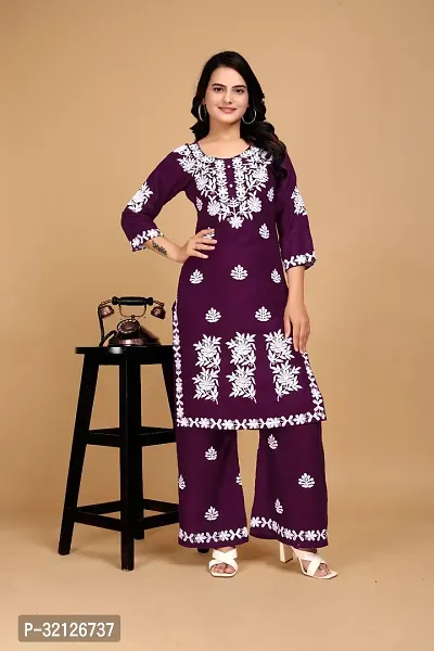 Stylish Purple Rayon Embroidered Kurta Bottom Set For Women-thumb0